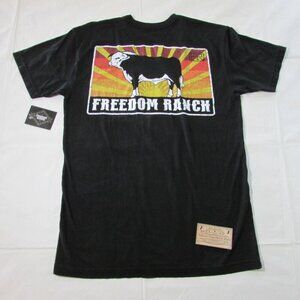 Freedom Ranch Women's Large Sunrise Hereford Bull Graphic T-Shirt Black